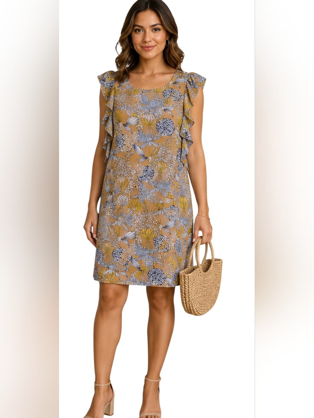 Molly Bracken Floral Ruffle Shift Dress Size S Tan Blue Mustard